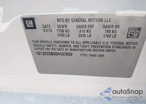 2013 Chevrolet Sonic Lt Auto from USA, damaged, VIN 1G1JC5SB3D4167659